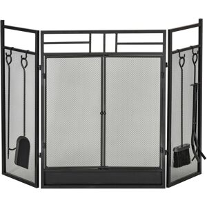 HOMCOM 3 Panel Folding Fire Guard, Steel Fireplace Screen with Double Door and Mesh Design for Open Fire, 122W x 80H cm, Black