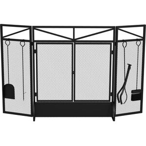 HOMCOM 3 Panel Folding Fire Guard Screen w/ Fireplace Tool Sets, Front Doors, Freestanding Fire Screen Spark Guard w/ Feet, Black