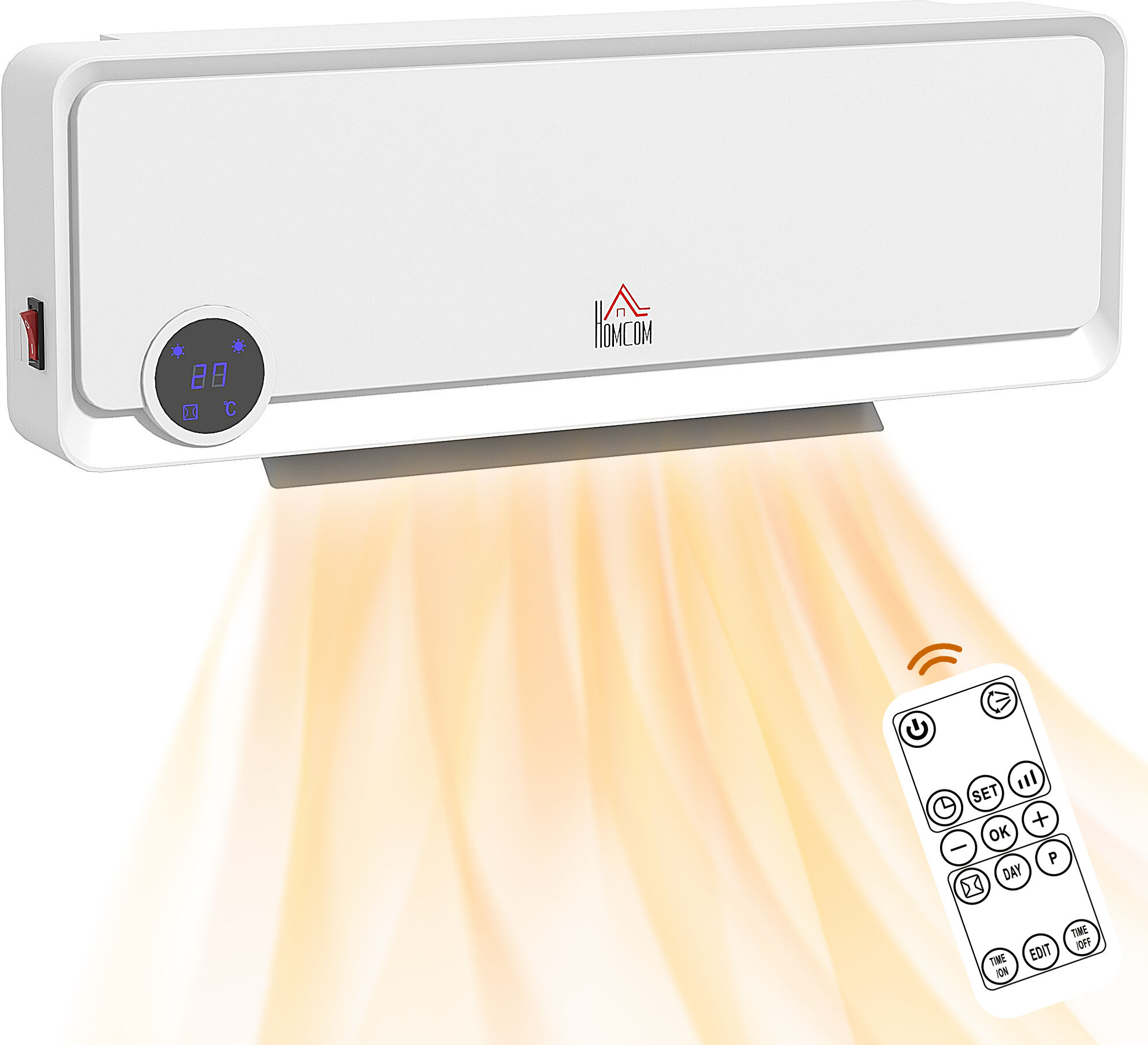 HOMCOM Wall Downflow Heater 2 Heat and Fan 1000W/2000W, Electric Space Heater with Timer Remote Oscillating, for Bedroom Home, White Aosom UK