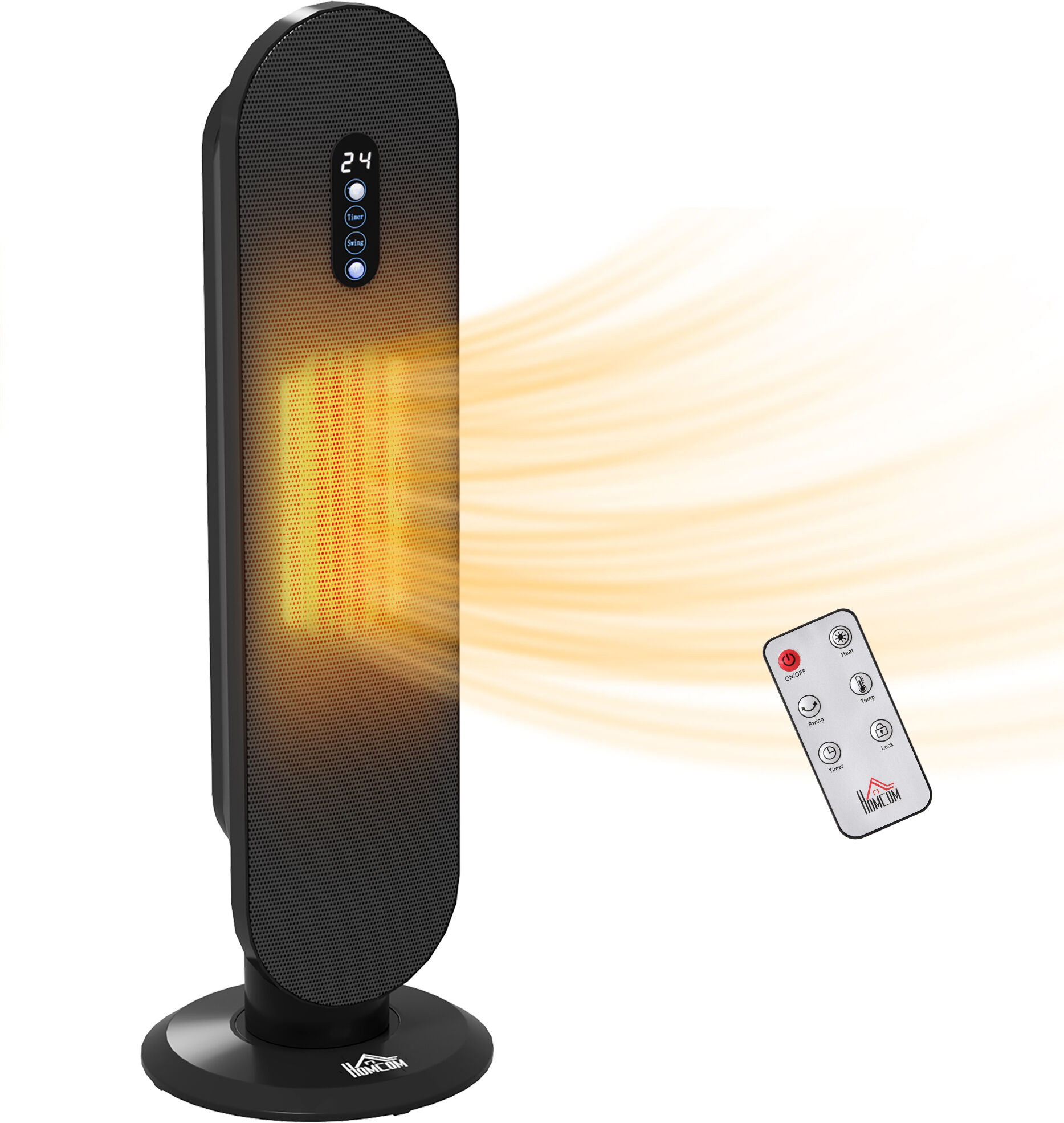 HOMCOM Ceramic Space Heater, Indoor Tower Heater with 2 Heat, Oscillation, Timer, Tip-Over & Overheating Protection, 1200W/2000W, Black Aosom UK