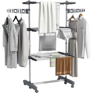 HOMCOM 3-Tier Clothes Airer, Foldable Clothes Drying Rack, Stainless Steel Indoor/Outdoor Clothes Dryer with Wheels & Wings, 142 Aosom UK