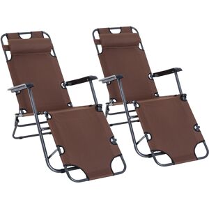Outsunny Garden Recliners with Pillow, Adjustable Backrest, Foldable Outdoor Chairs, Armrests, Brown, 2 Pieces Aosom UK