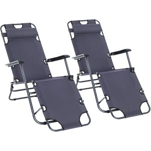 Outsunny 2 Pieces Foldable Sun Loungers with Adjustable Back, Outdoor Reclining Garden Chairs with Pillow and Armrests, Grey Aosom UK