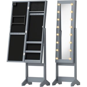 HOMCOM Free Standing Mirror Jewelry Cabinet with LED Lights, Jewellery Organiser with 3 Angle Adjustable, Full-Length Mirror with Storage for Earrings, Necklaces, Rings and Lipsticks, Grey