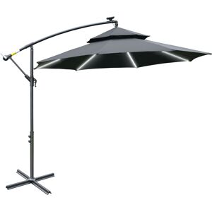Outsunny 3(m) Cantilever Banana Parasol Hanging Umbrella with Double Roof, LED Solar lights, Crank, 8 Sturdy Ribs and Cross Base, Black Outsunny 3(m) Cantilever Banana Parasol Hanging Umbrella with Double Roof, LED Solar lights, Crank, 8 Sturdy Ribs and Cross Base, Black
