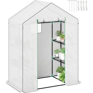 Outsunny Walk-in Greenhouse with 3 Tier 4 Shelves, Small Greenhouse with Reinforced PE Cover, Roll-up Door and Windows, 143 x 74 x 190 cm, White Outsunny Walk-in Greenhouse with 3 Tier 4 Shelves, Small Greenhouse with Reinforced PE Cover, Roll-up Door and Windows, 143 x 74 x 190 cm, White