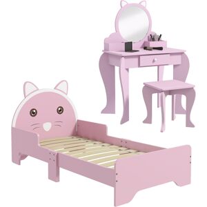 ZONEKIZ Wooden Children's Bedroom Set with Dressing Table, Stool, Bed, Cat Motif for Ages 3-6, Multicolour Aosom UK ZONEKIZ Wooden Children's Bedroom Set with Dressing Table, Stool, Bed, Cat Motif for Ages 3-6, Multicolour Aosom UK