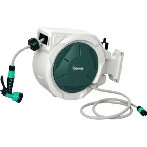 Outsunny Retractable Hose Reel Wall Mounted, 20+2m Garden Hose Pipe Reel with Lock, Auto Rewind, 7 in 1 Spray Nozzle, Green Outsunny Retractable Hose Reel Wall Mounted, 20+2m Garden Hose Pipe Reel with Lock, Auto Rewind, 7 in 1 Spray Nozzle, Green