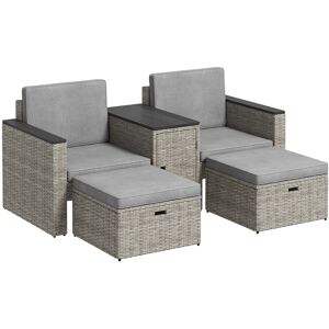 Outsunny 5 Piece Rattan Garden Furniture Set, Nesting Outdoor Furniture Conversation Set with 2 Footstools, WPC Storage Coffee Table and Cushions, Wicker Garden Sofa for Conservatory, Terrace, Grey Outsunny 5 Piece Rattan Garden Furniture Set, Nesting Outdoor Furniture Conversation Set with 2 Footstools, WPC Storage Coffee Table and Cushions, Wicker Garden Sofa for Conservatory, Terrace, Grey