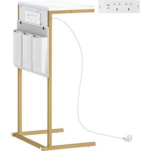HOMCOM C-Shaped Bedside Table with Charging Station, Marble Grain Side Table with Power Outlets & USB Ports, Storage Bags, for Bedroom, Living Room, White HOMCOM C-Shaped Bedside Table with Charging Station, Marble Grain Side Table with Power Outlets & USB Ports, Storage Bags, for Bedroom, Living Room, White