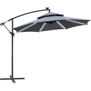 Outsunny 3(m) Cantilever Banana Parasol Hanging Umbrella with Double Roof, LED Solar lights, Crank, 8 Sturdy Ribs and Cross Base for Outdoor, Garden Outsunny 3(m) Cantilever Banana Parasol Hanging Umbrella with Double Roof, LED Solar lights, Crank, 8 Sturdy Ribs and Cross Base for Outdoor, Garden