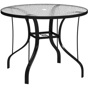Outsunny Tempered Glass Top Round Outdoor Dining Table with Parasol Hole, 96.5 x 96.5 x 71 cm Outsunny Tempered Glass Top Round Outdoor Dining Table with Parasol Hole, 96.5 x 96.5 x 71 cm