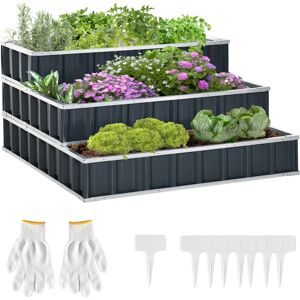 Outsunny 3 Tier Raised Garden Bed, Metal Elevated Planer Box Kit w/ A Pairs of Glove for Backyard, Patio to Grow Vegetables, Herbs, and Flowers, Grey