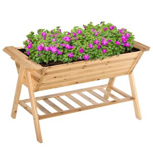 Outsunny Wooden Elevated Planter Box, Freestanding Outdoor Garden Bed with Storage Shelf for Patio, Natural Finish
