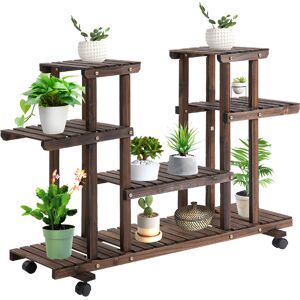 Outsunny 4-Tier Floor-standing Flower Rack Wood Plant Stand For Indoor & Outdoor Garden Balcony w/ Wheels & Handle 123.5L x 33W x 80H cm, 8 Pots