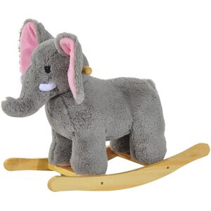 HOMCOM Plush Elephant Rocking Horse for Kids, Traditional Wooden Riding Toy with 32 Nursery Rhymes, Grey