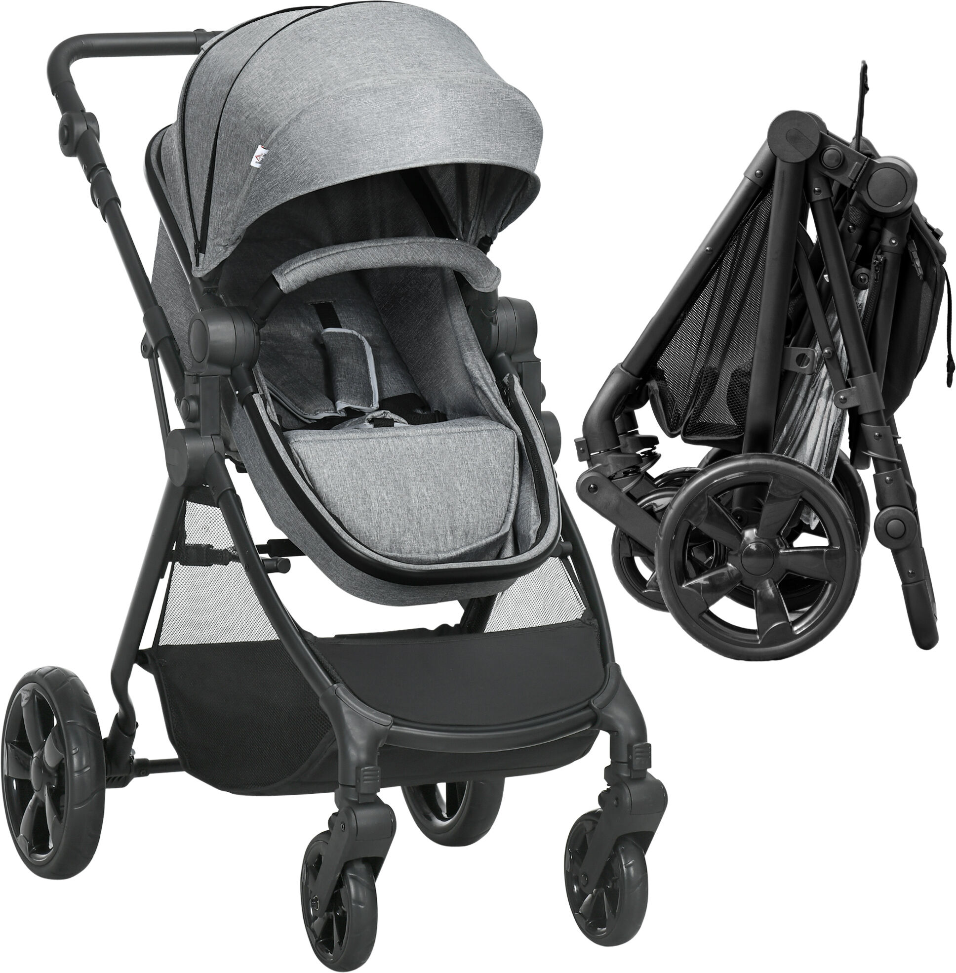 HOMCOM Pushchair 2 in 1, Lightweight Reversible Seat Stroller, Foldable & Fully Reclining for Newborn to 3 Years with 5-Point Harness, Grey