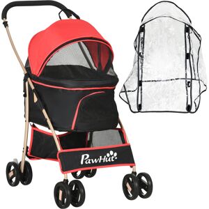 PawHut 3 In 1 Pet Stroller with Rain Cover, Detachable Cat Dog Pushchair, Foldable Carrying Bag with Universal Wheels, Brake, Canopy, Basket, Red.