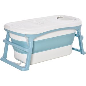 HOMCOM Folding Baby Bath Tub for Toddlers Kids Portable with Non-Slip Pads Top Cover for 1-12 Years Blue