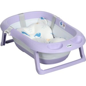 ZONEKIZ Foldable Baby Bath Tub, Bath Tub with Non-Slip Support, Cushion Pad, Drain Plugs, Shower Head Holder, for Newborn to 6 Years - Purple