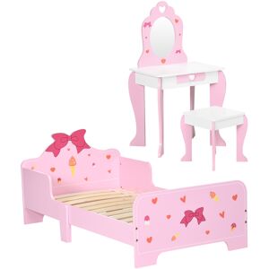 ZONEKIZ 3PCs Kids Bedroom Furniture Set with Bed, Dressing Table and Stool, Princess Themed, for 3-6 Years Old, Pink