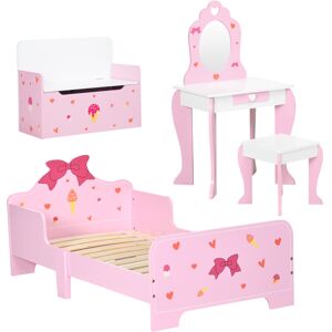 ZONEKIZ 4PCs Kids Bedroom Furniture Set with Bed, Toy Box Bench, Dressing Table and Stool, Princess Themed, for 3-6 Years Old, Pink