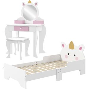 ZONEKIZ Unicorn Themed Children's Bedroom Set with Dressing Table, Mirror, Stool, and Toddler Bed Frame, 3-6 Years, Multicolour