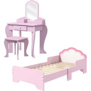 ZONEKIZ Cloud-Design Wooden Bedroom Furniture Set for Kids, Includes Dressing Table, Stool, Bed, 3-6 Years