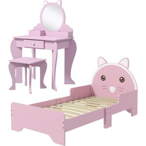 ZONEKIZ Wooden Children's Bedroom Set with Dressing Table, Stool, Bed, Cat Motif for Ages 3-6, Multicolour