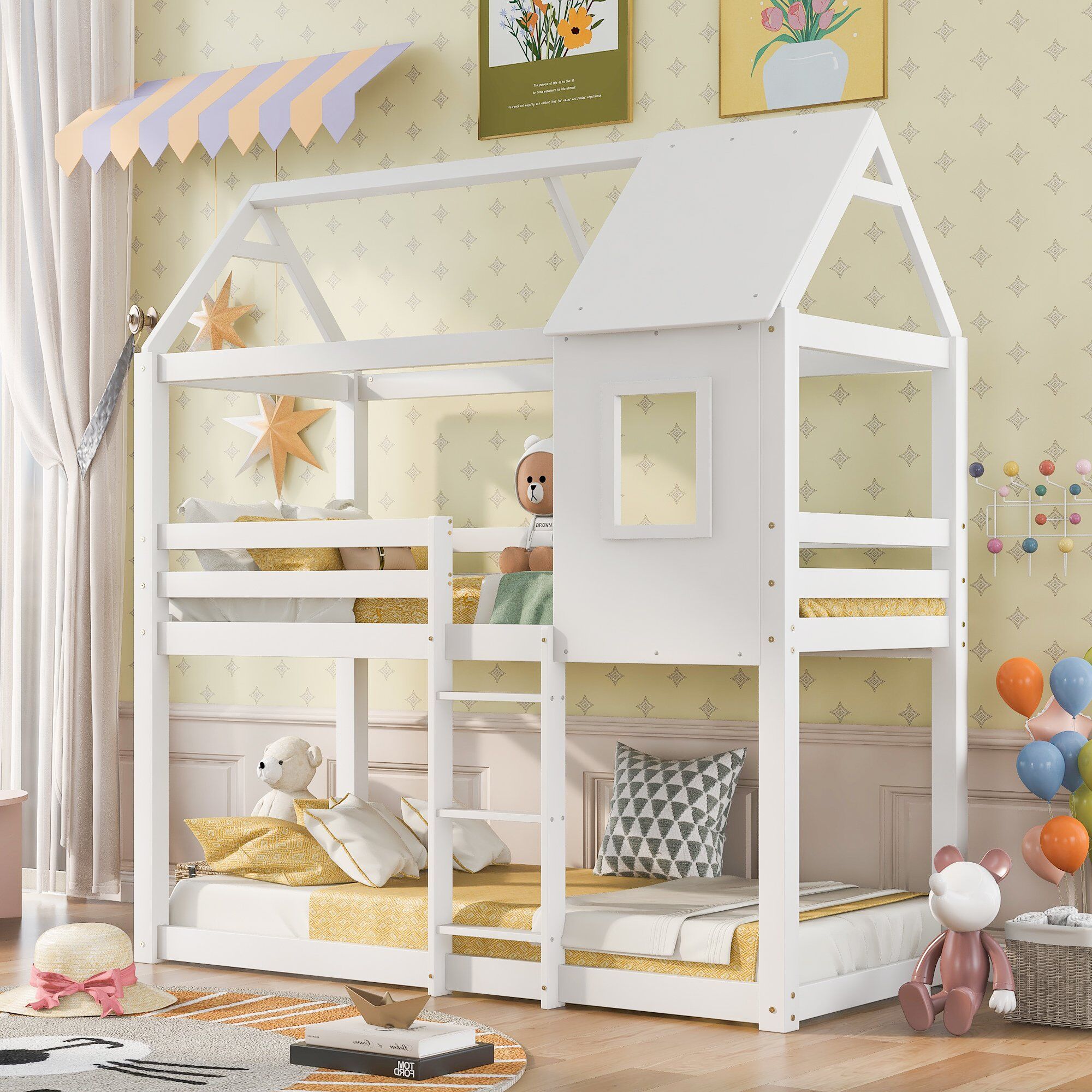 Titbit Children's Bunk Bed with Convertible Step Ladder and Window, Solid Pine Twin Sleeper, Twin over Full Bunk Bed, for Kids, White Aosom UK