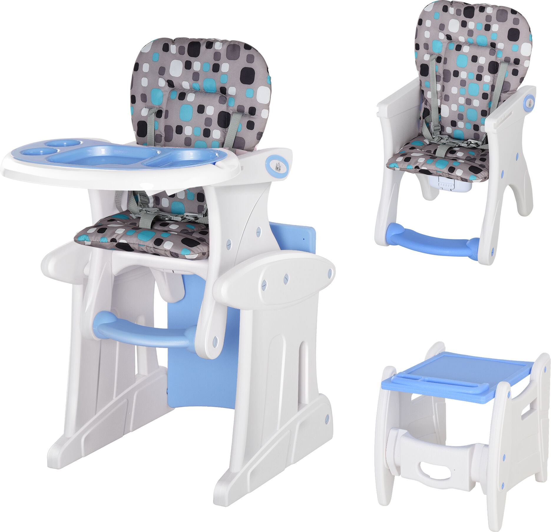 HOMCOM 3-in-1 Baby Chair: Convertible Booster High Chair, Sturdy HDPE Construction, Easy-Clean Design, Space-Saving, Blue Hue Aosom UK