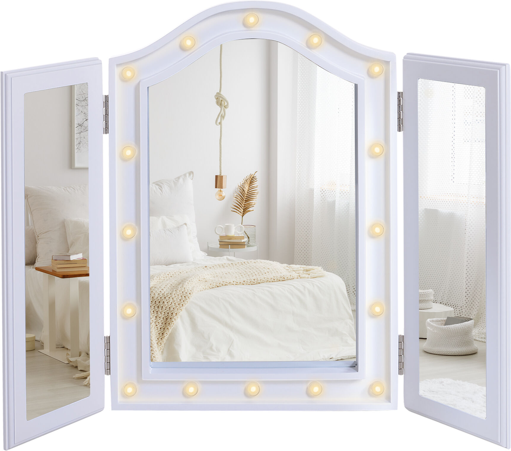 HOMCOM Lighted Vanity Mirror, Trifold Freestanding Tabletop Cosmetic Mirror with 16 LED Lights, Battery Operated, Foldable, White Aosom UK