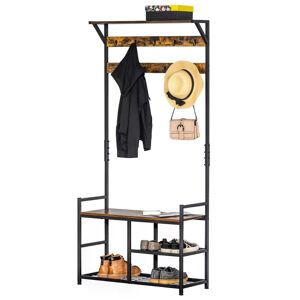 HOMCOM Coat Rack with Shoe Storage Bench, 9 Hooks Shelves for Entryway Bedroom, Brown and Black, 180cm
