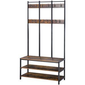 HOMCOM Hall Tree Coat Rack Stand, Freestanding with Hooks, Bench, Shoe Storage, 100cm x 40cm x 184cm, Rustic Brown, Black