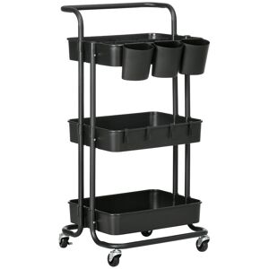 HOMCOM 3 Tier Utility Rolling Cart, Kitchen Cart with 3 Removable Mesh Baskets, 3 Hanging Box, 4 Hooks and Dividers for Living Room, Laundry Black