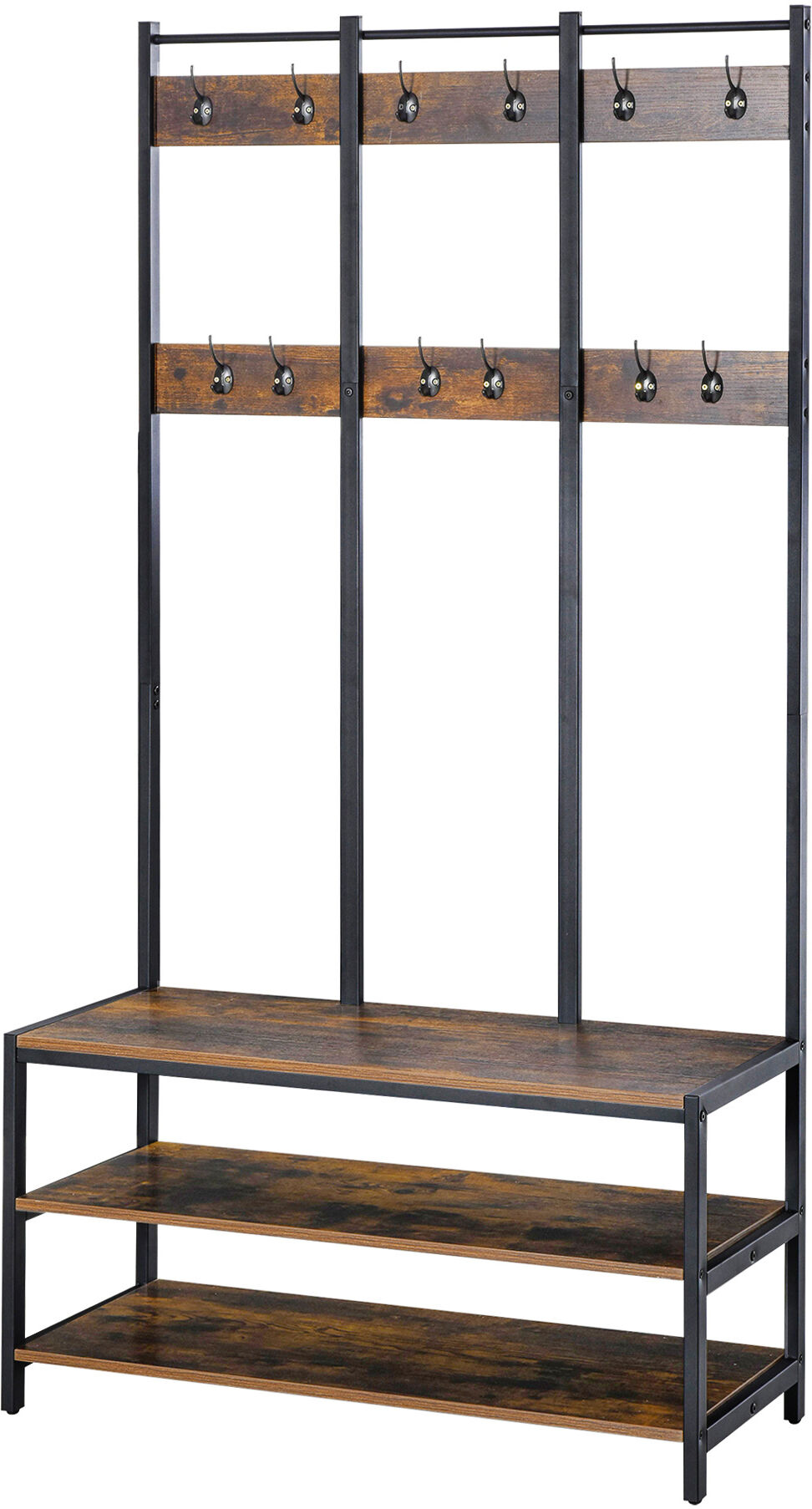 HOMCOM Hall Tree Coat Rack Stand, Freestanding with Hooks, Bench, Shoe Storage, 100cm x 40cm x 184cm, Rustic Brown, Black