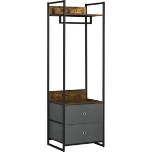 HOMCOM Metal Clothes Rail with Coat Stand, Garment Rack, 2 Fabric Drawers, Single Wardrobe, Rustic Brown and Grey, Bedroom Furniture Aosom UK