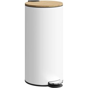 HOMCOM Kitchen Bin, 30 Litre Pedal Rubbish Bin with Removable Bucket, White and Natural HOMCOM Kitchen Bin, 30 Litre Pedal Rubbish Bin with Removable Bucket, White and Natural