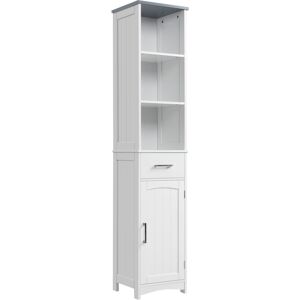 Kleankin Tall Linen Tower Bathroom Cabinet, 3 Tier Shelf with Cupboard & Drawer, Slim Side Freestanding Organizer, White