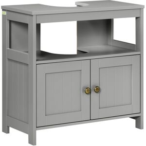 Kleankin Pedestal Under Sink Cabinet, Modern Double Door Bathroom Vanity Storage Unit with Shelves, Light Grey