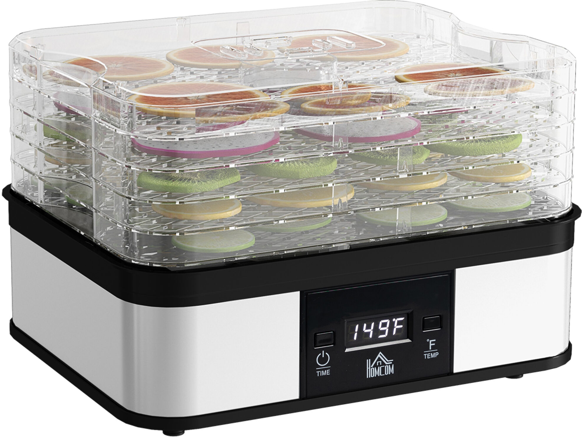 HOMCOM 5 Tier Food Dehydrator, 245W Stainless Steel Food Dryer Machine with Adjustable Temperature, Timer and LCD Display for Drying Fruit, Silver