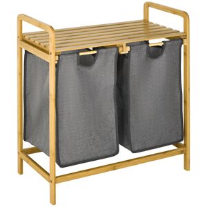 HOMCOM Bamboo Laundry Hamper with Shelf, Bedroom or Bathroom Laundry Basket with Pull-out Bags, 64x33x73 cm, Grey