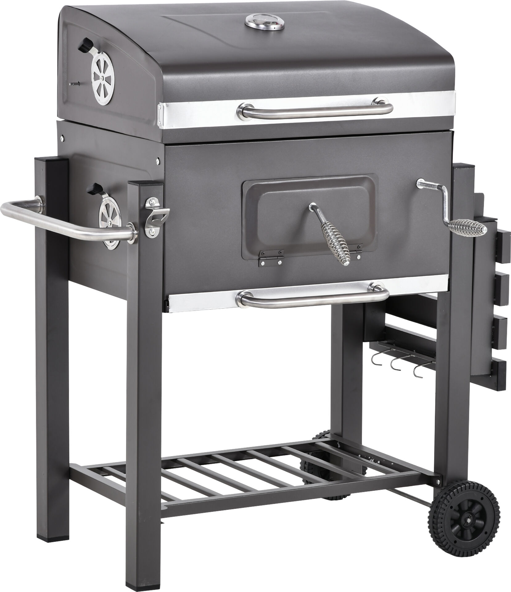 Outsunny Charcoal Grill BBQ Trolley Backyard Garden Smoker Barbecue w/ Shelf Side Table Wheels Built-in Thermometer