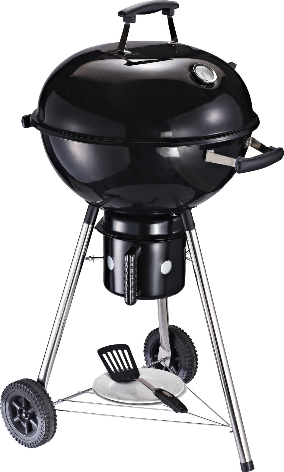 Outsunny Freestanding Charcoal Barbecue Grill Garden Portable BBQ Smoker w/ Wheels, Storage Shelves and On-body Thermometer, Black