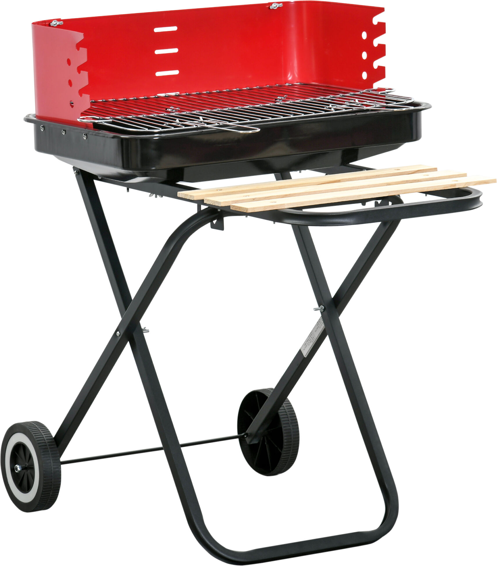 Outsunny BBQ Grill Charcoal Barbecue Grill Garden Foldable BBQ Trolley w/ Windshield, Wheels, Side Trays, Red/Black