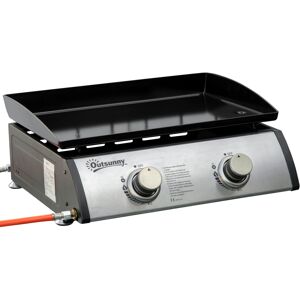 Outsunny Gas Plancha Barbecue Grill 6kW Portable Tabletop Gas BBQ w/ 2 Burners, Non-stick Hotplate, Drain Hole and Grease Collection Box