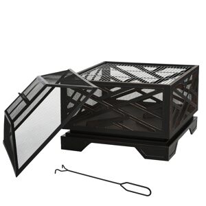 Outsunny 66cm 2 in 1 Square Fire Pit Metal Brazier for Garden, Patio with BBQ Grill Shelf & Spark Screen Cover & Poker, Black