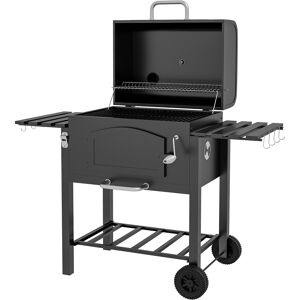 Outsunny Charcoal Barbecue Grill Trolley Garden Smoker with Shelves, Adjustable Height, Thermometer on Lid, Opener and Wheels