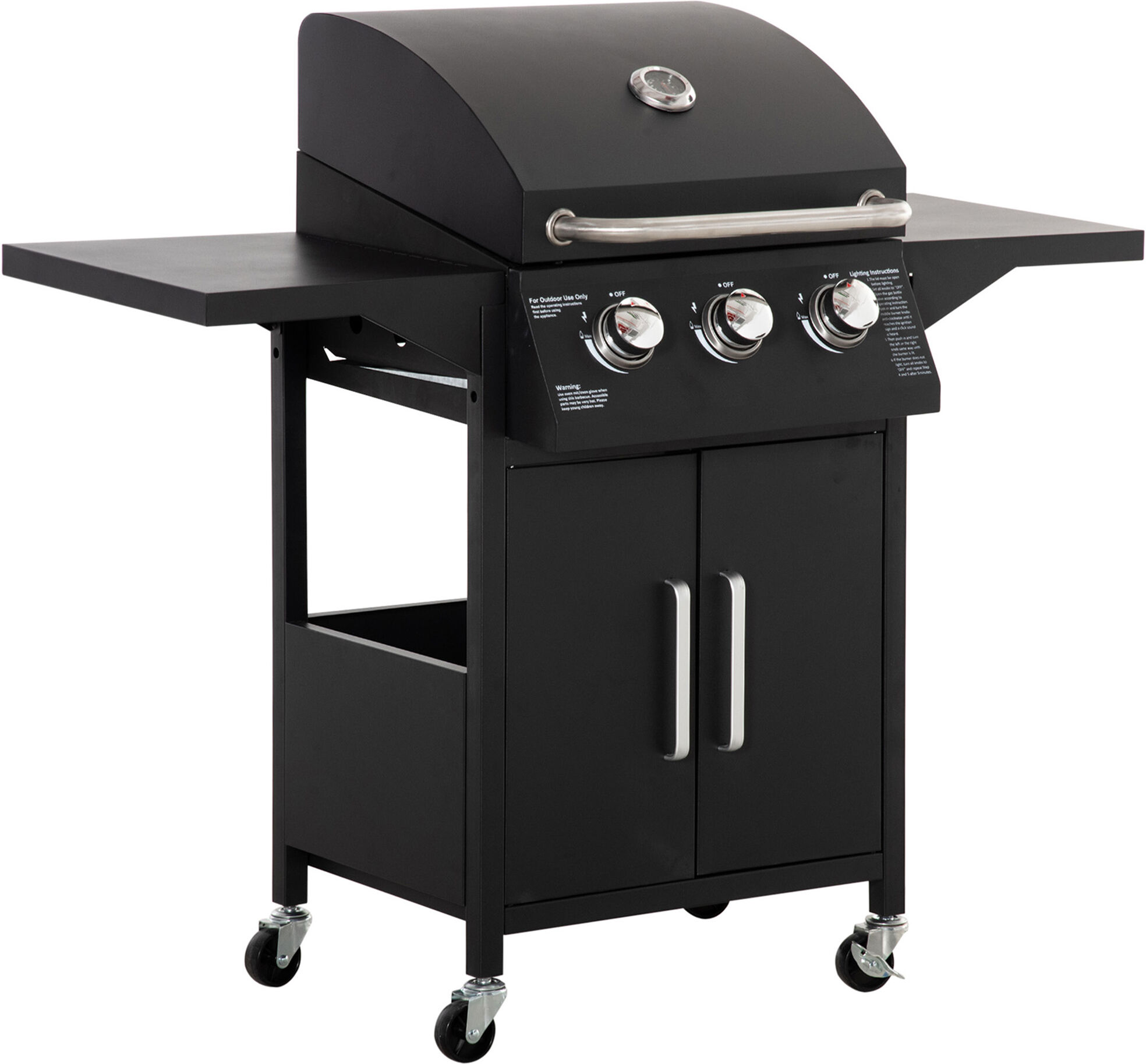 Outsunny 3 Burner Gas BBQ Grill Outdoor Portable Barbecue Trolley w/ Warming Rack, Side Shelves, Storage Cabinet, Thermometer, Carbon Steel, Black