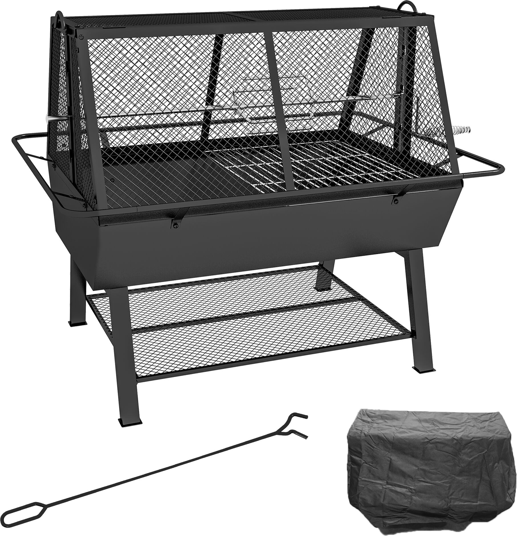 Outsunny 3-in-1 Charcoal Barbecue Grill, Rotisserie Roaster, Fire Pit with Storage Shelf and Mesh Lid